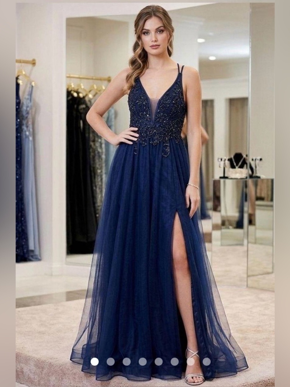 Gianni Bini Navy Blue Beaded Strappy Formal Gown with Tulle Scarf Size 7